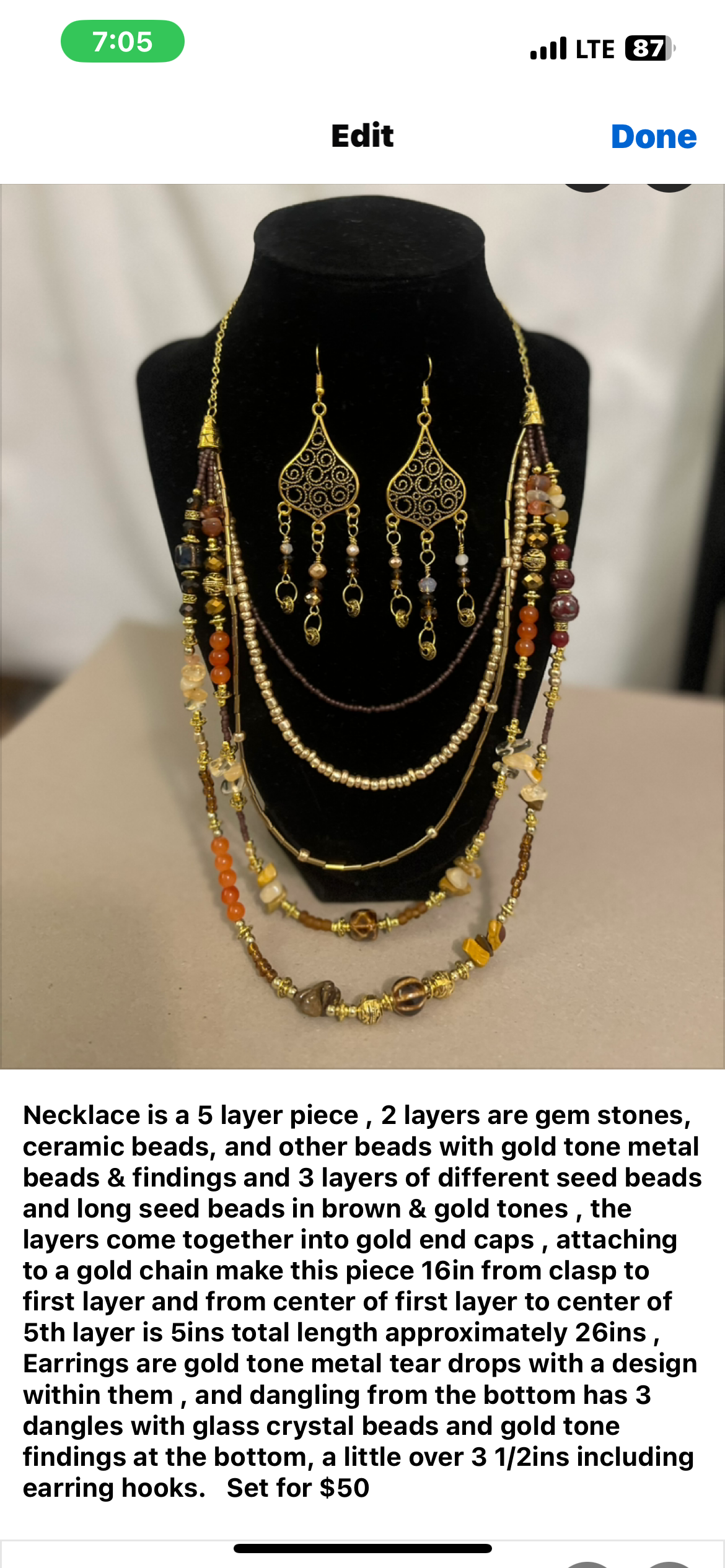Boho Style 5-Layer Necklace & Earring Set