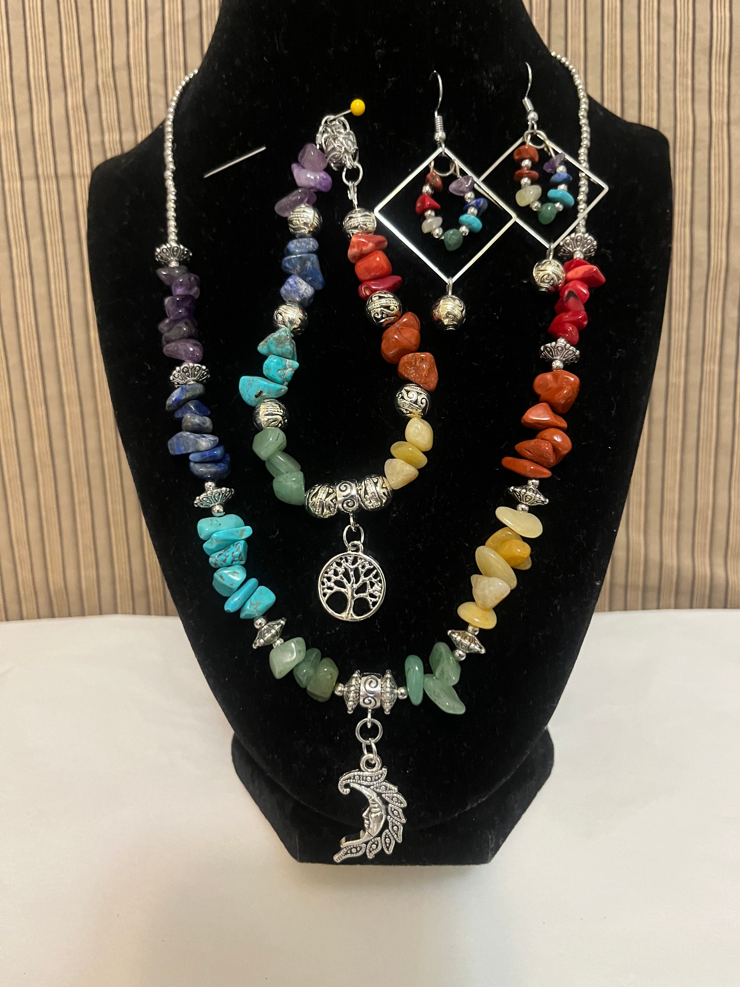 My Chakra gemstones set of 3  Necklace with a crescent moon, Bracelet with the tree of life,Earrings