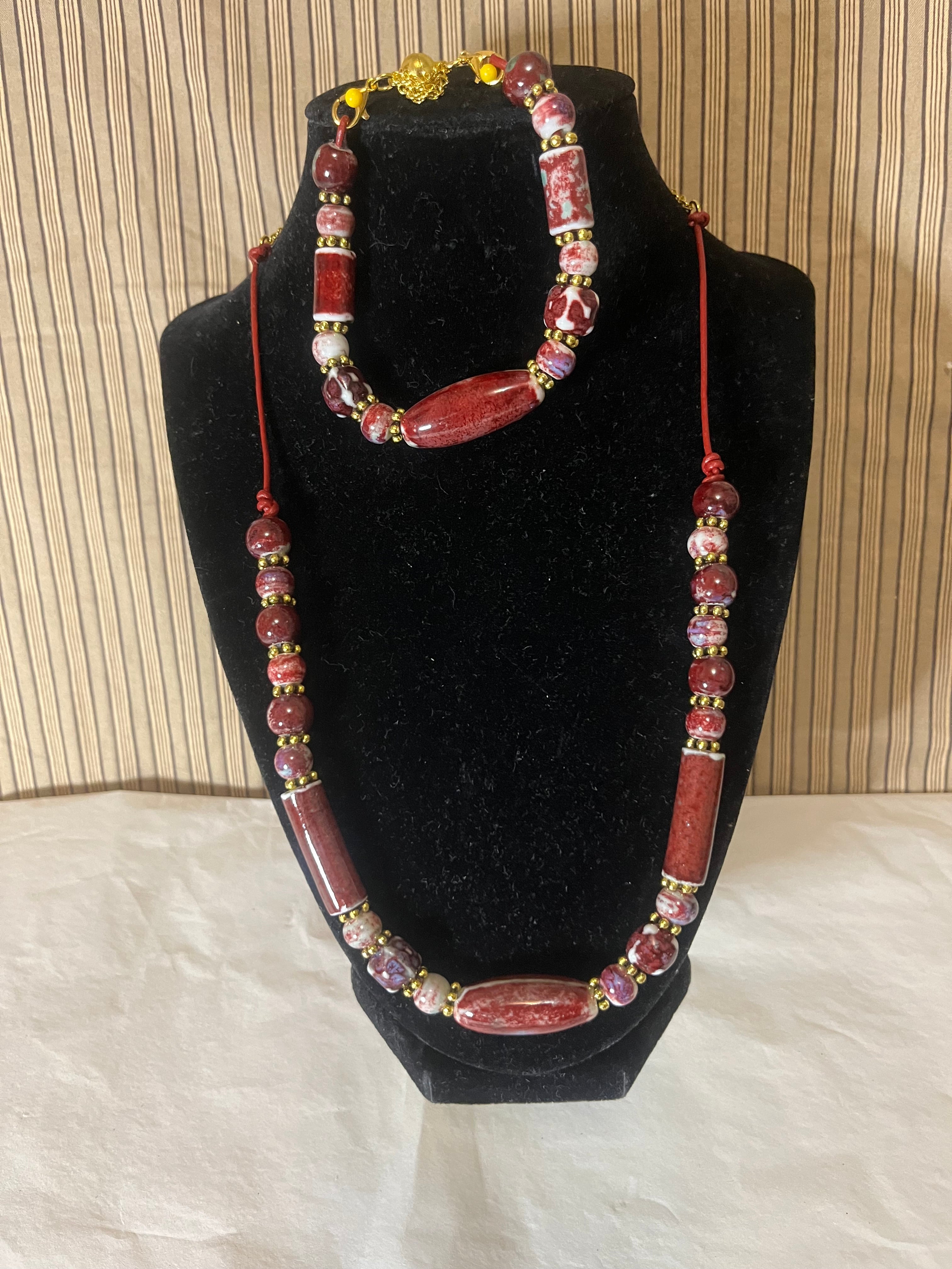 Necklace & Bracelet , ceramic burgundy color beads