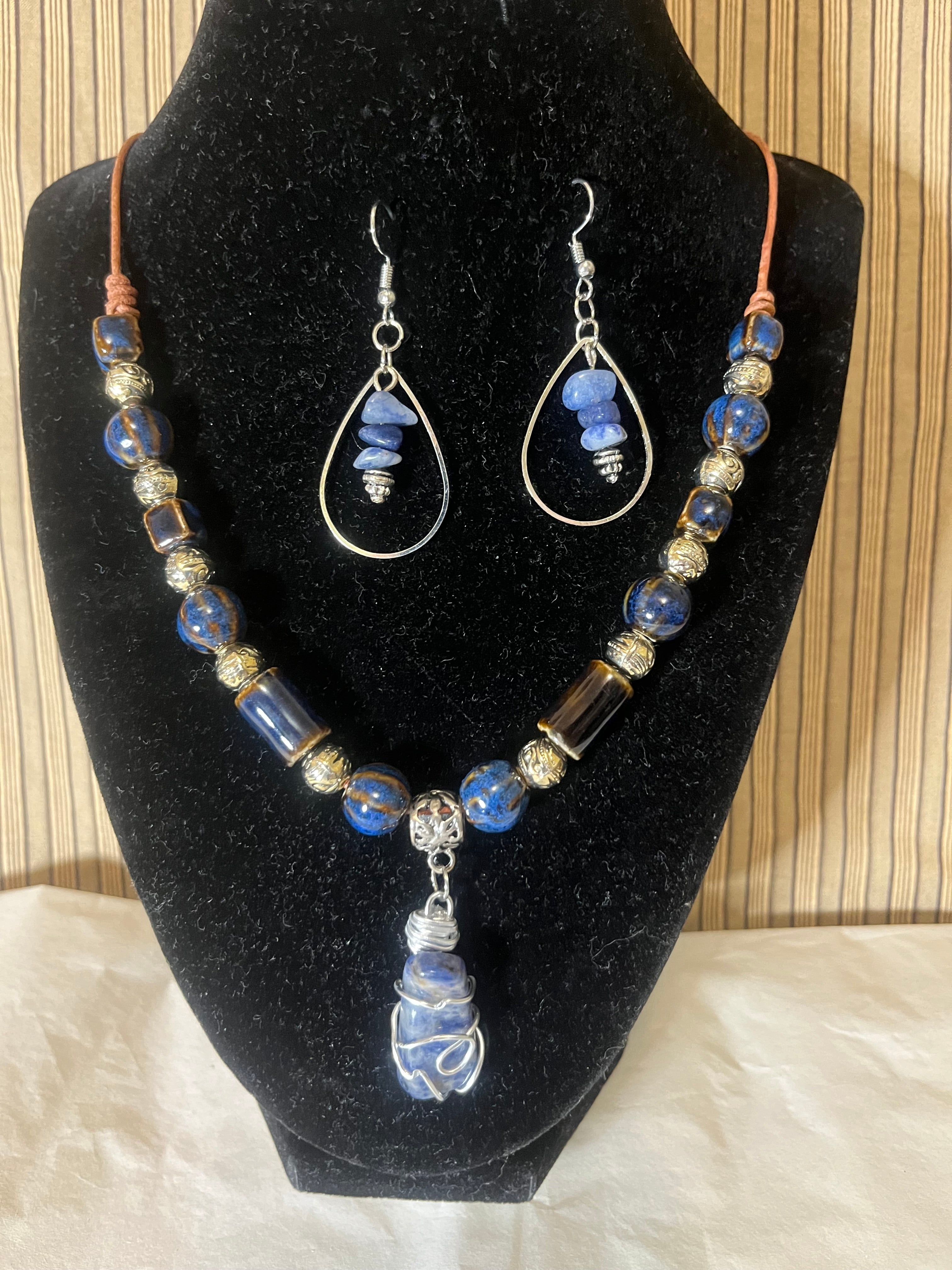 Necklace & Earrings  ceramic blues & browns beads with blue Gemstone wrapped in silver wire