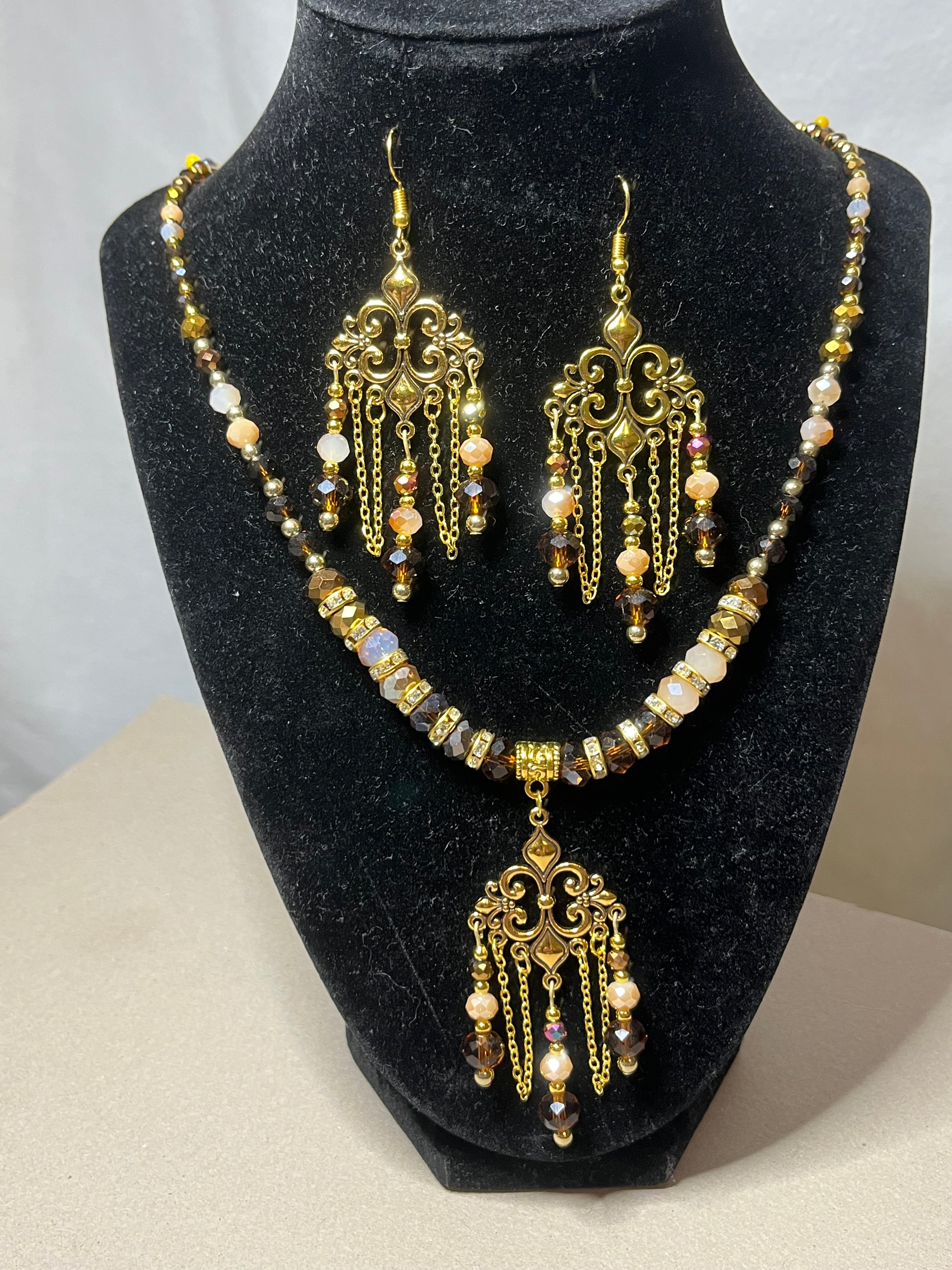 Pretty Boho brown tones Crystal Necklace and Earrings