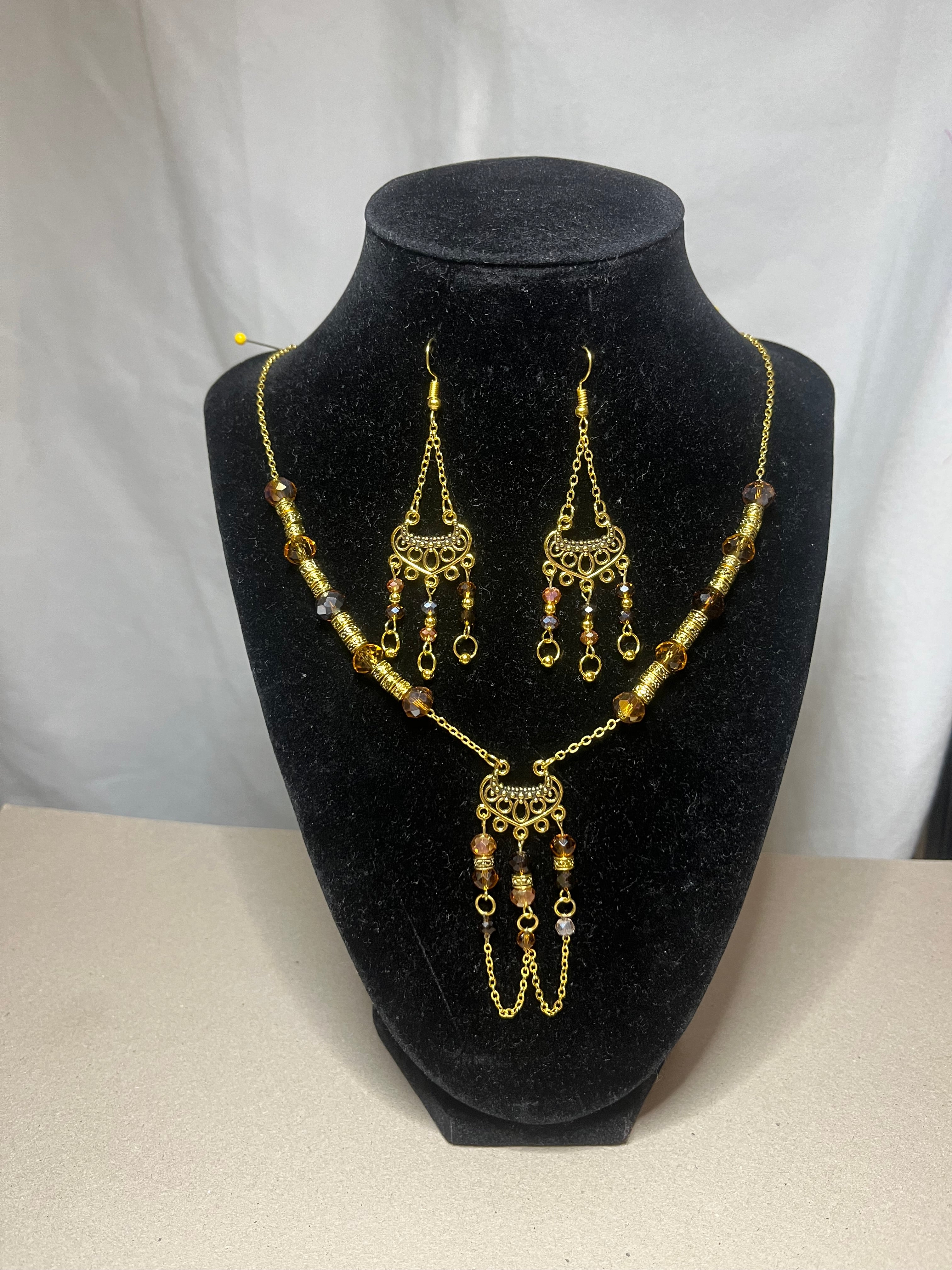 Necklace  & Earrings brown tone Crystal beads & gold tone findings & chain