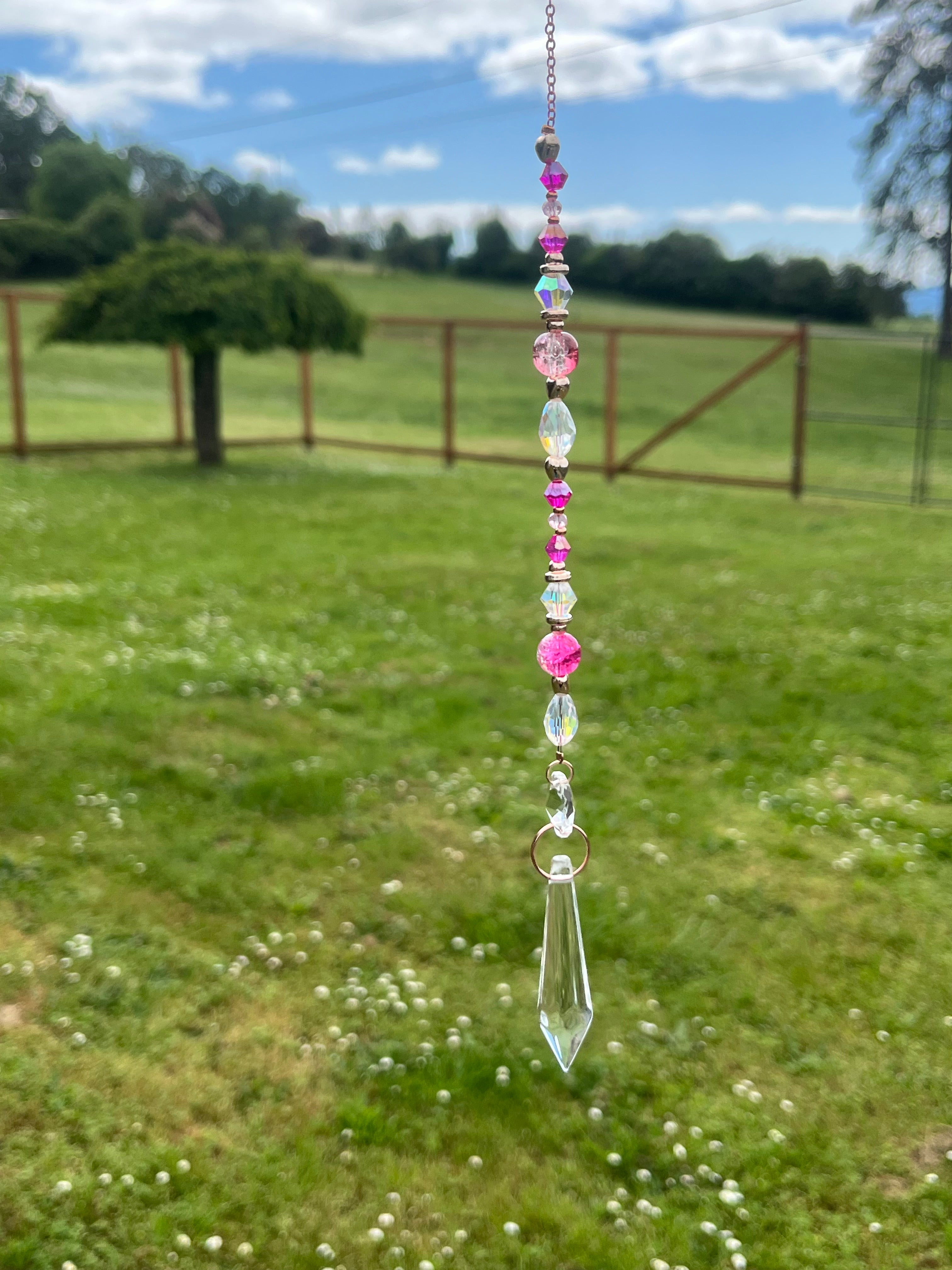 car mirror suncatchers pink and clear crystals  with rose tone findings