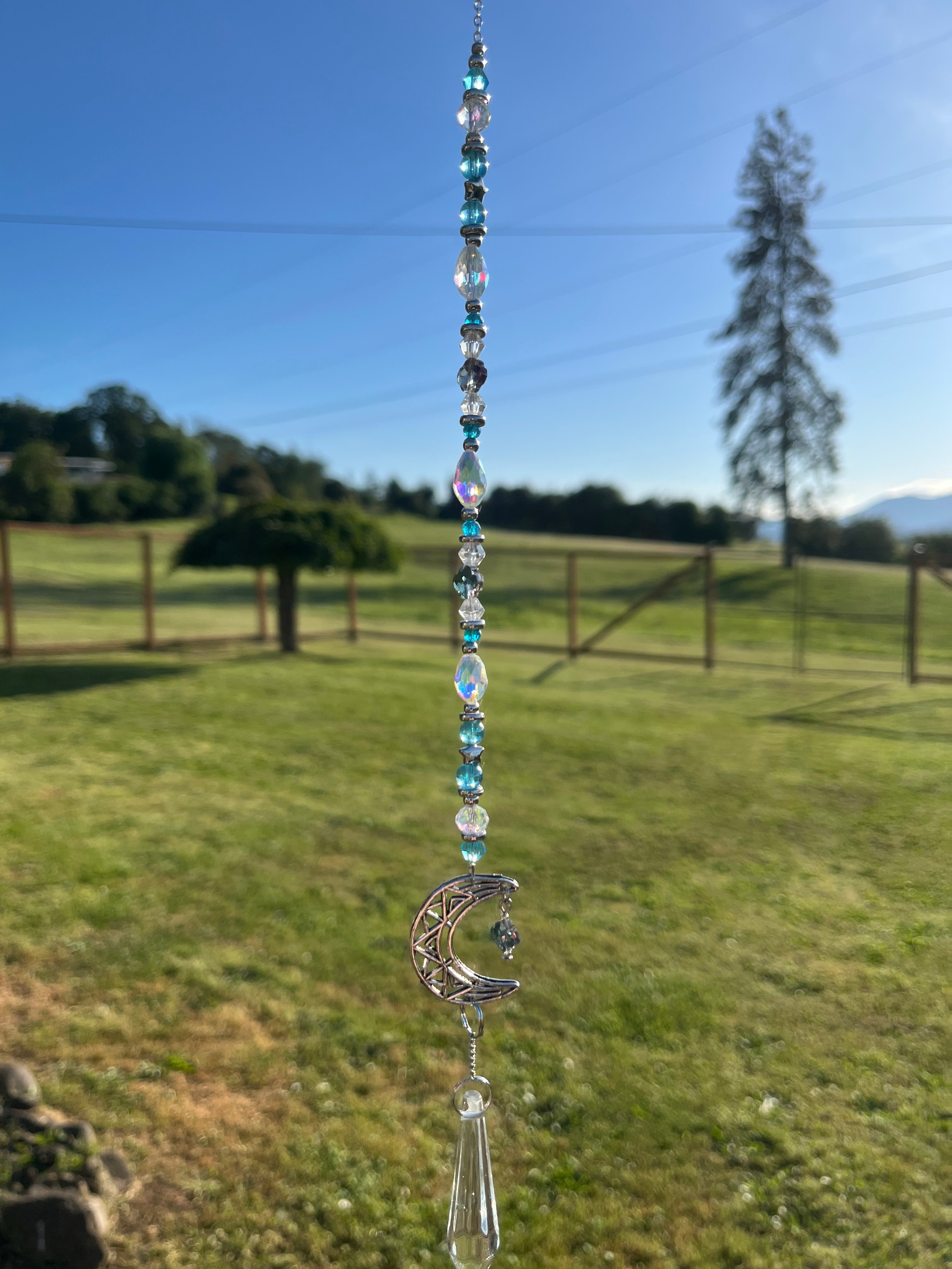 Car rear view Mirror Suncatcher with blue & clear crystals, crescent moon charm