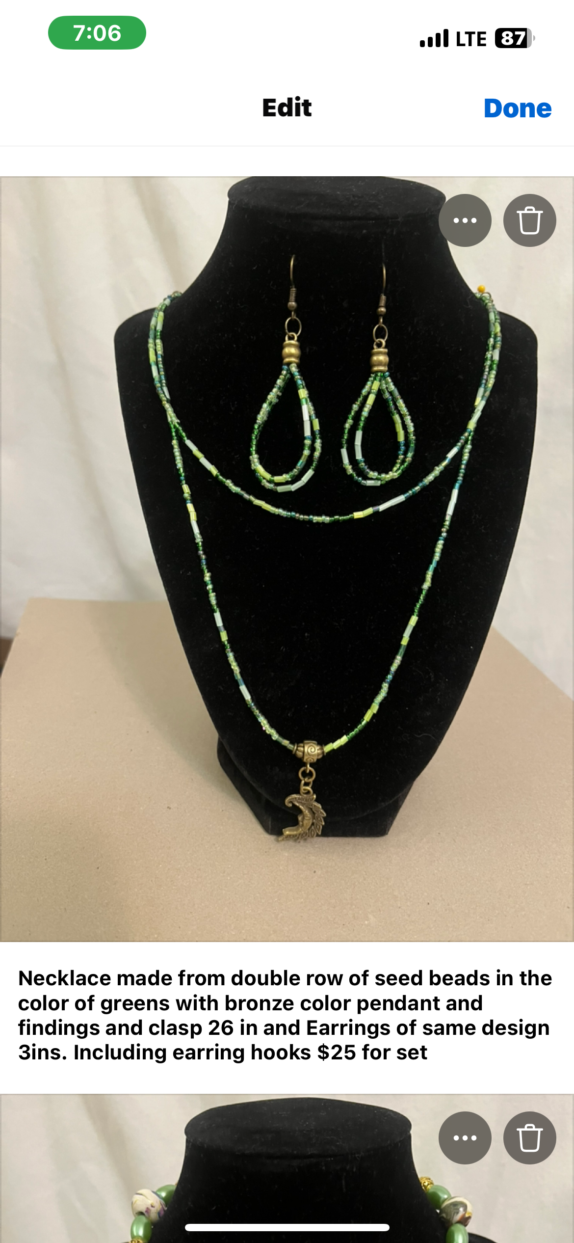 Necklace & Earrings with green tones of seed beads