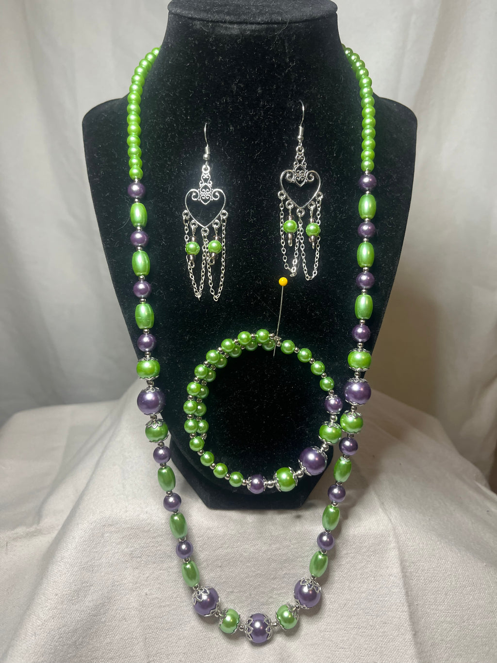 Lite green & purple & silver Necklace, Bracelet, Earrings