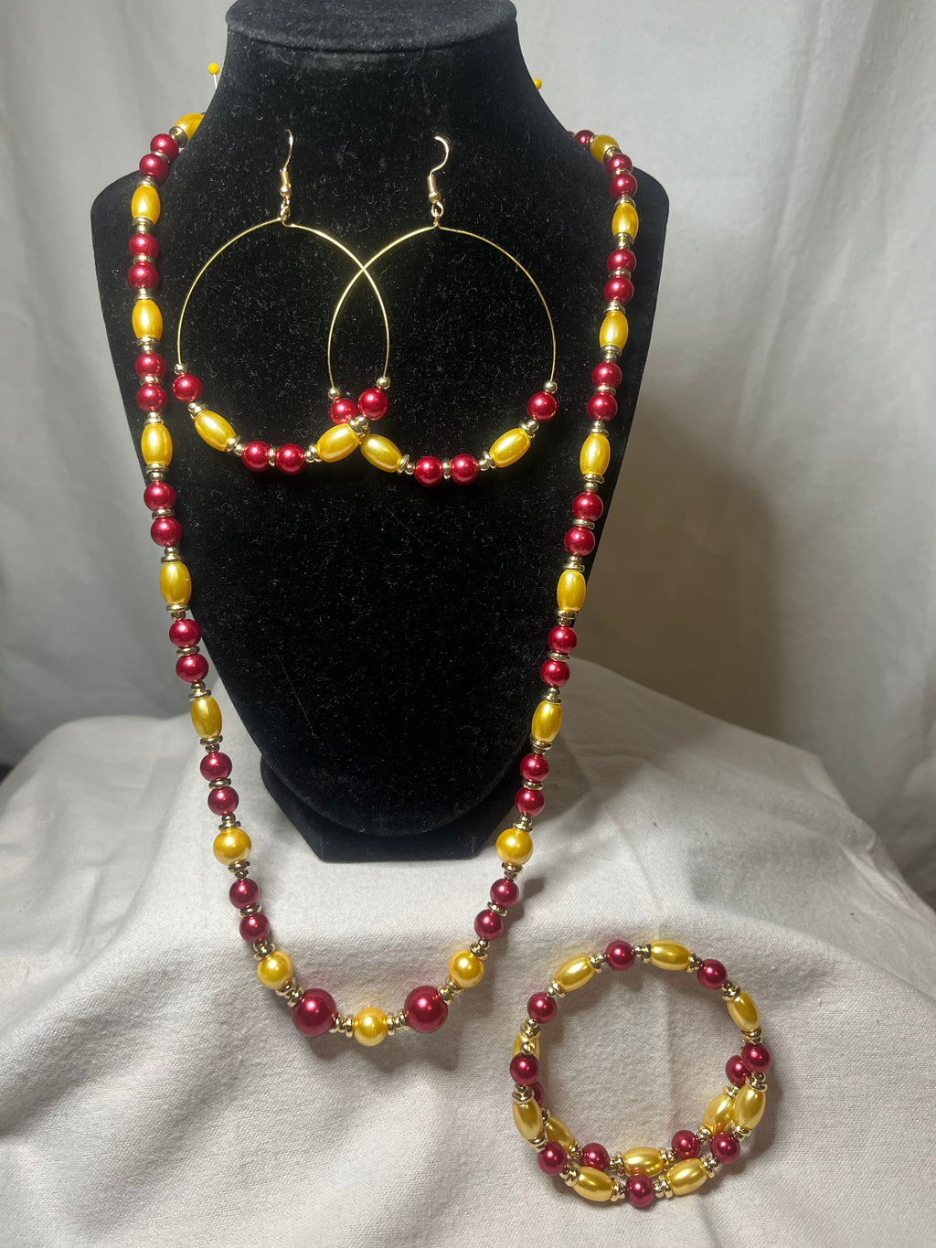 3 piece Boho Burgundy & Gold glass beads, Necklace, Bracelet, Earrings