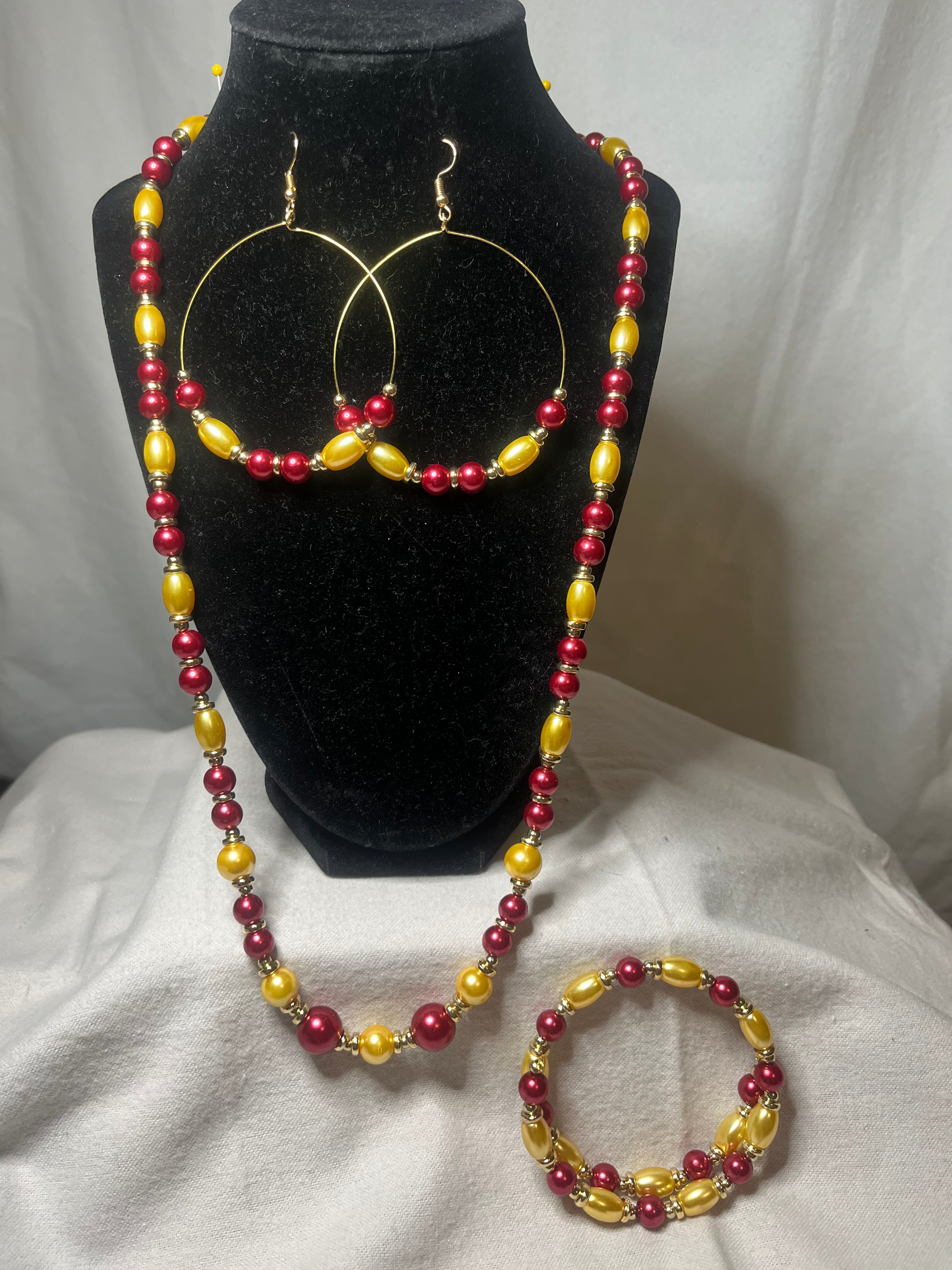 3 piece Boho Burgundy & Gold glass beads, Necklace, Bracelet, Earrings