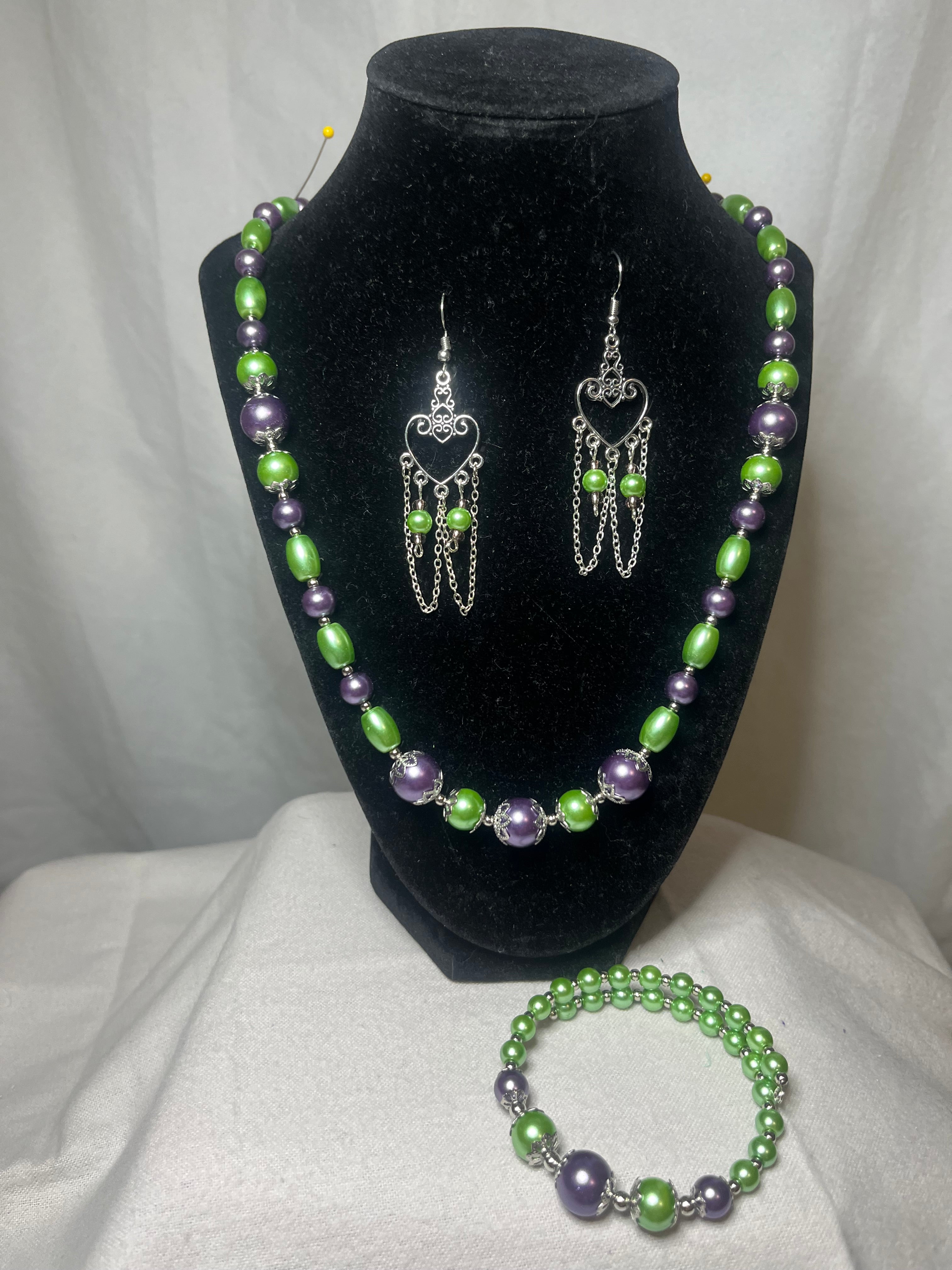 Lite green & purple & silver Necklace, Bracelet, Earrings